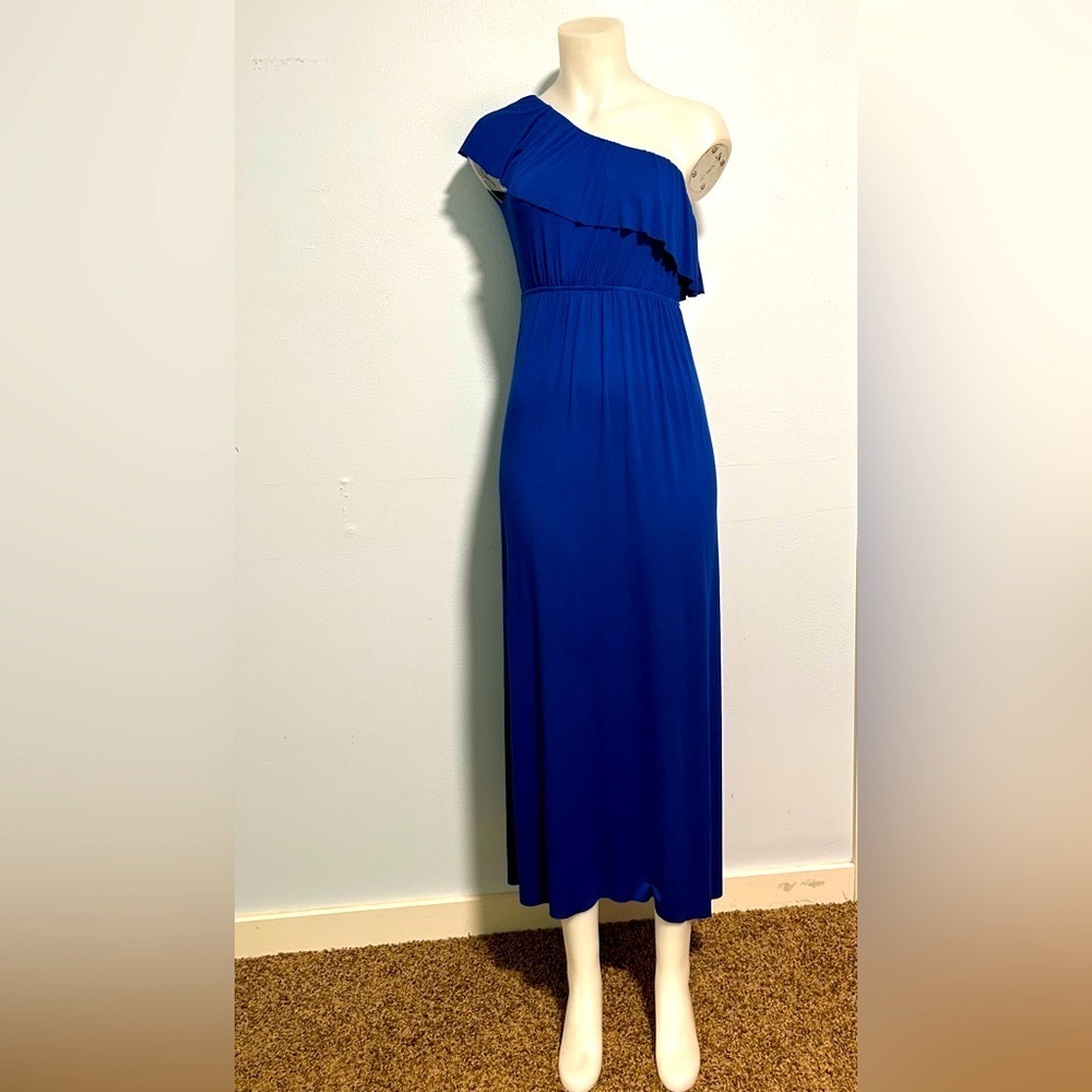 Sundress, sz M royal blue with ruffle, elastic waist, longer exposed hem, vacay